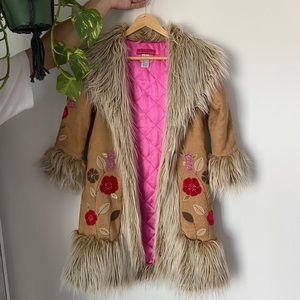 Penny Lane Faux Fur Coat w/ Embroidered Flowers